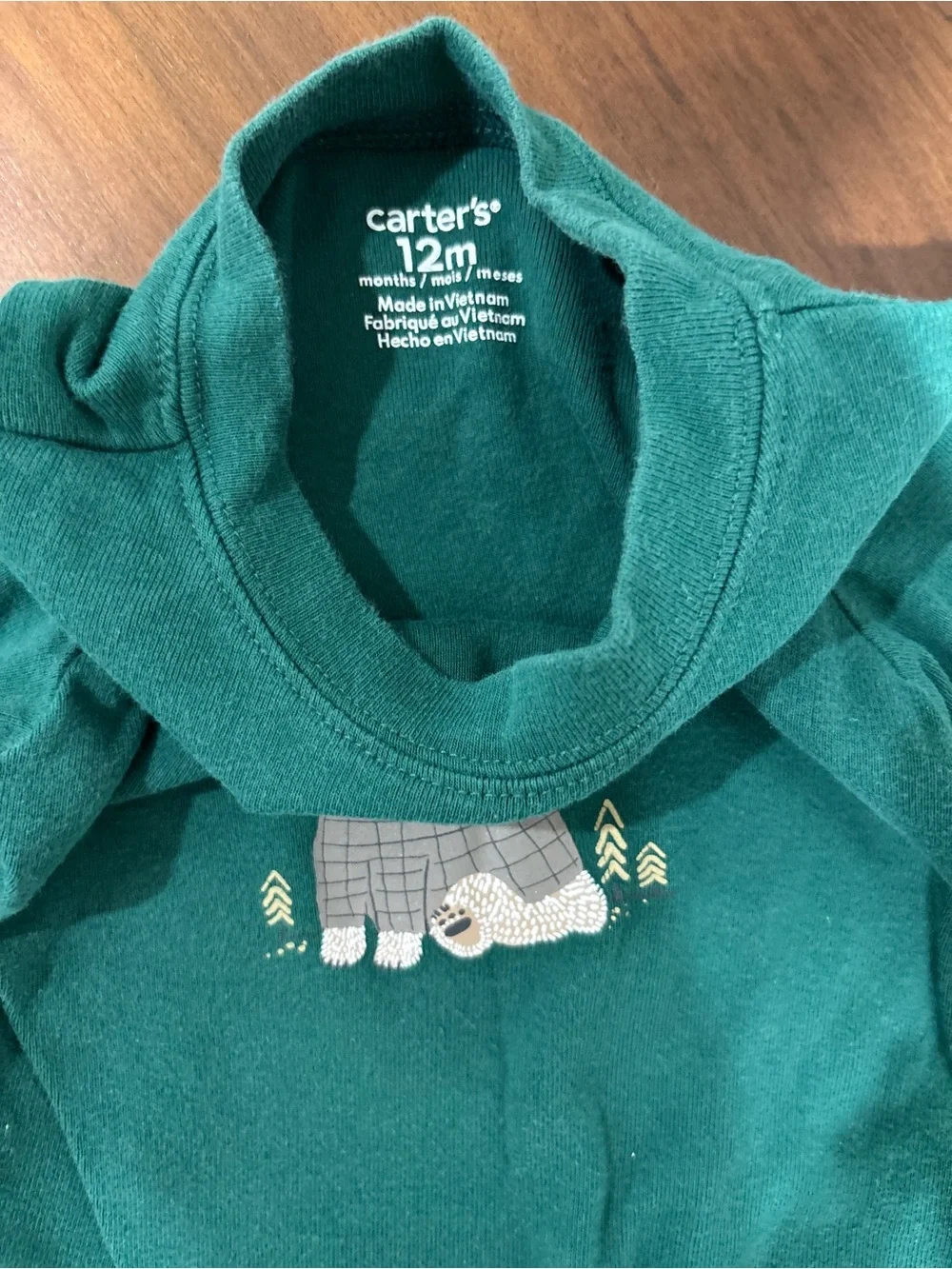 Baby Green Bear Long-Sleeve Bodysuit with Gray Quilted Pants